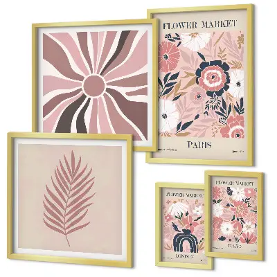 Ensemble de 5 tableaux représentant des marchés aux fleurs de style bohème