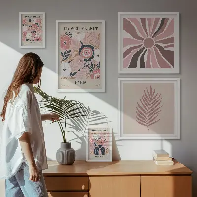 Ensemble de 5 tableaux représentant des marchés aux fleurs de style bohème