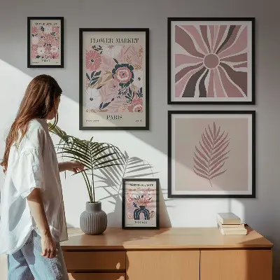 Ensemble de 5 tableaux représentant des marchés aux fleurs de style bohème