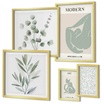Lot de tableaux encadrés avec graphismes végétaux et abstraits stylés