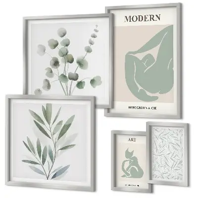 Lot de tableaux encadrés avec graphismes végétaux et abstraits stylés