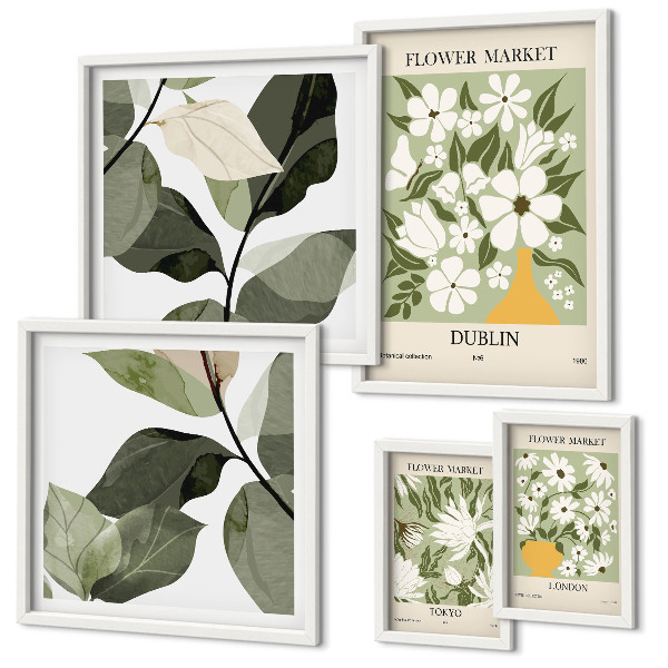 Ensemble de 5 tableaux Motifs floraux Londres Dublin Tokyo