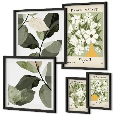 Ensemble de 5 tableaux motifs floraux sur les villes de Londres, Dublin et Tokyo