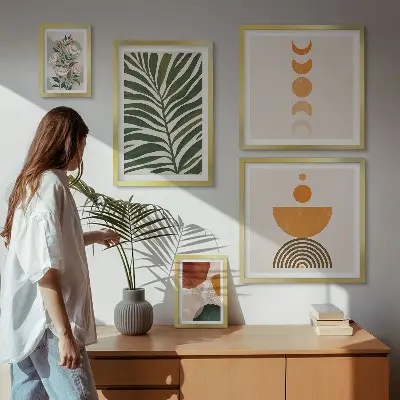Ensemble de 5 tableaux motifs végétaux et formes bohèmes