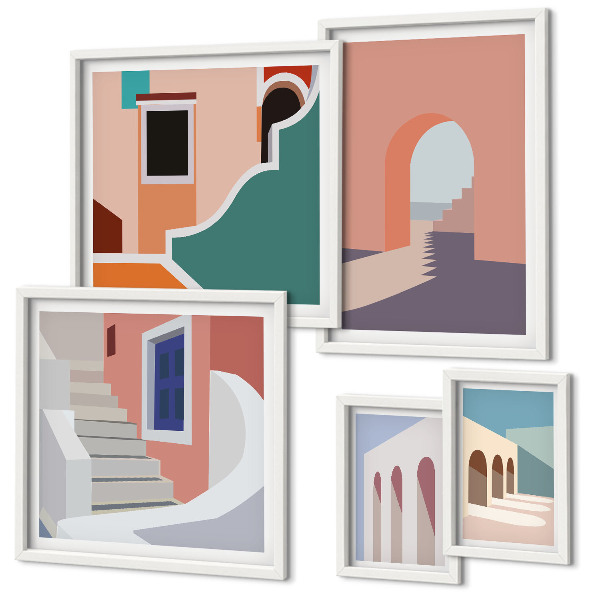 Lot de tableaux encadrés Graphismes architecturaux pastel