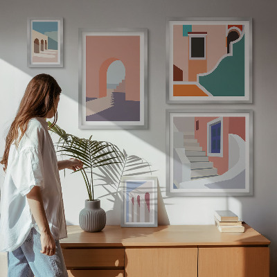 Lot de tableaux encadrés Graphismes architecturaux pastel