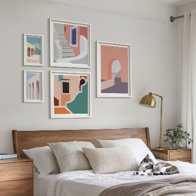 Lot de tableaux encadrés Graphismes architecturaux pastel