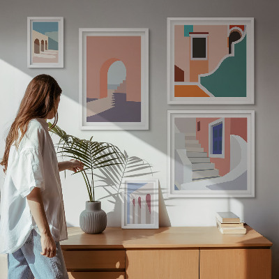 Lot de tableaux encadrés Graphismes architecturaux pastel