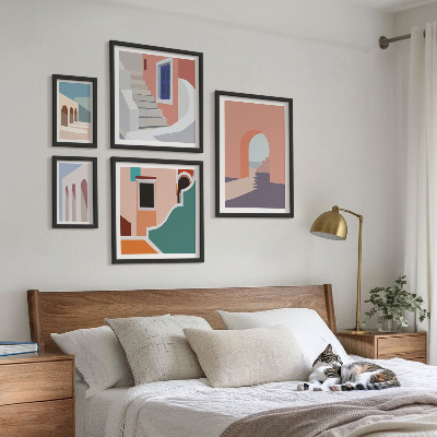 Lot de tableaux encadrés Graphismes architecturaux pastel