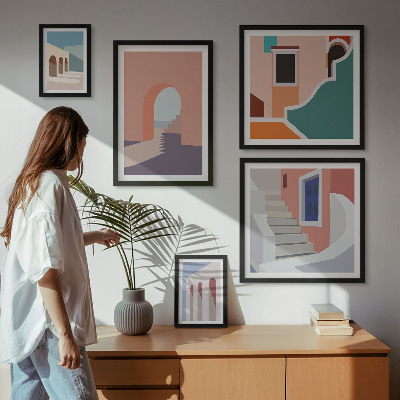 Lot de tableaux encadrés Graphismes architecturaux pastel