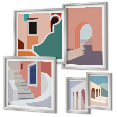 Lot de tableaux encadrés Graphismes architecturaux pastel