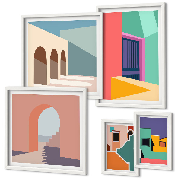 Lot de tableaux encadrés Illustrations colorées de la ville