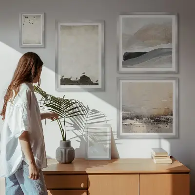 Ensemble de 5 tableaux représentant des oiseaux et des rochers avec des coups de pinceau décoratifs