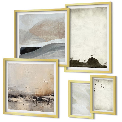 Ensemble de 5 tableaux Oiseaux, rochers, coups de pinceau, décorations
