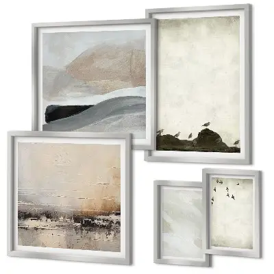 Ensemble de 5 tableaux représentant des oiseaux et des rochers avec des coups de pinceau décoratifs