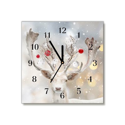 Horloge murale en verre Carré Renne Blanc boules de Noël