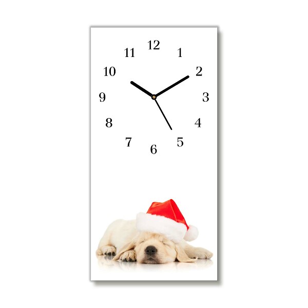 Horloge murale en verre Verticale Chiot Chapeau de Père Noël d'hiver