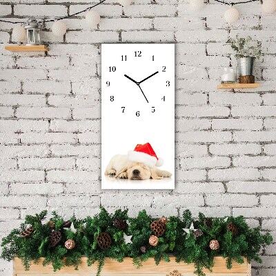 Horloge murale en verre Verticale Chiot Chapeau de Père Noël d'hiver