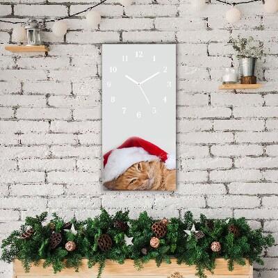 Horloge murale en verre Verticale Chat Chapeau de Père Noël de Noël