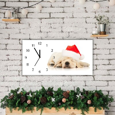 Horloge murale en verre Chiot Chapeau de Père Noël d'hiver