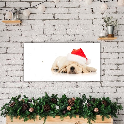 Horloge murale en verre Chiot Chapeau de Père Noël d'hiver