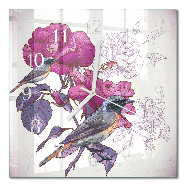 Horloge carrée en verre Oiseaux et fleurs