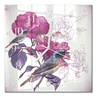 Horloge carrée en verre Oiseaux et fleurs