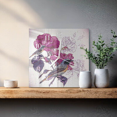 Horloge carrée en verre Oiseaux et fleurs