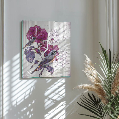 Horloge carrée en verre Oiseaux et fleurs