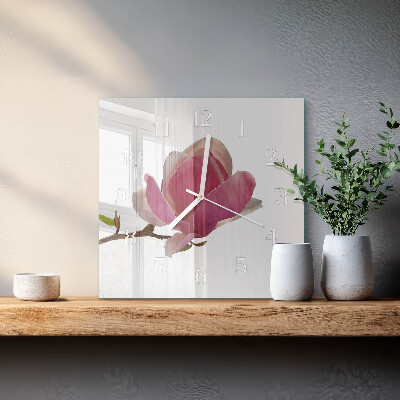 Horloge carrée en verre Fleur de magnolia