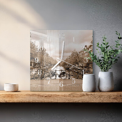 Horloge carrée en verre Amsterdam en sépia