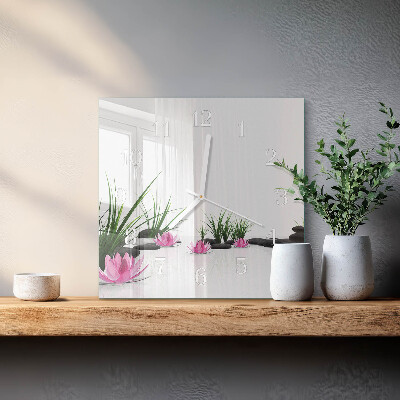 Horloge carrée en verre Fleur de lotus
