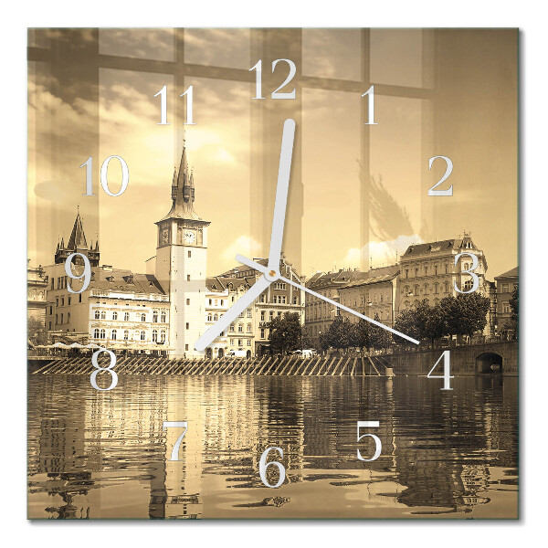 Horloge carrée en verre Château en sépia