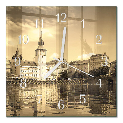 Horloge carrée en verre Château en sépia