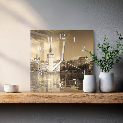Horloge carrée en verre Château en sépia