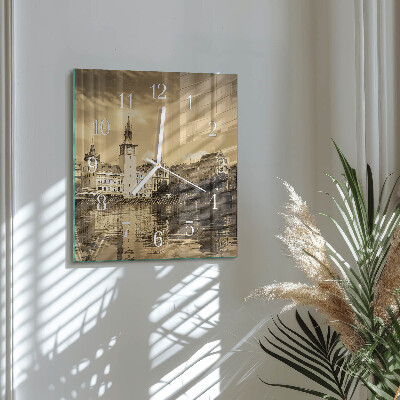 Horloge carrée en verre Château en sépia