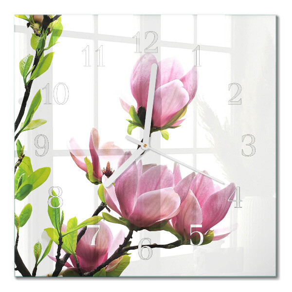Horloge carrée en verre Fleur de magnolia