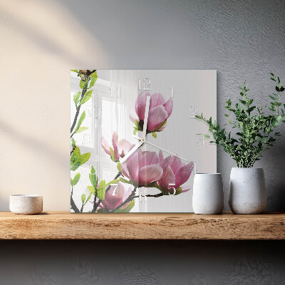 Horloge carrée en verre Fleur de magnolia
