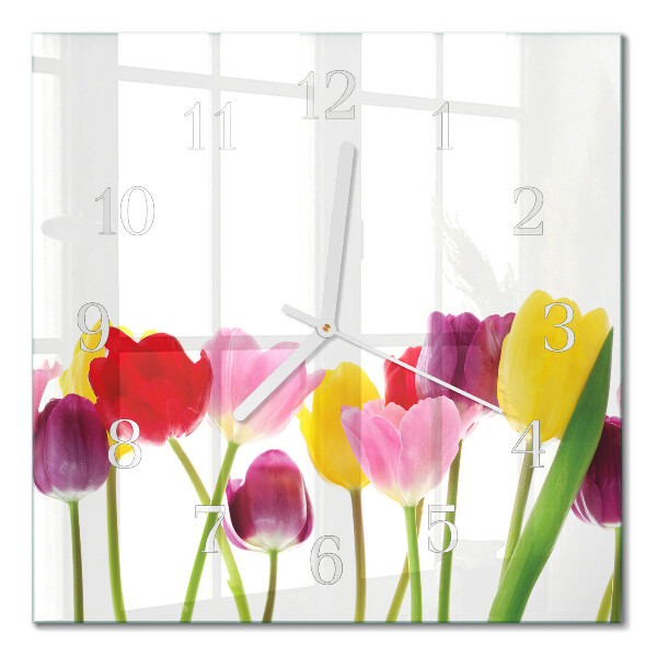 Horloge carrée en verre Tulipes colorées