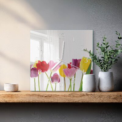 Horloge carrée en verre Tulipes colorées