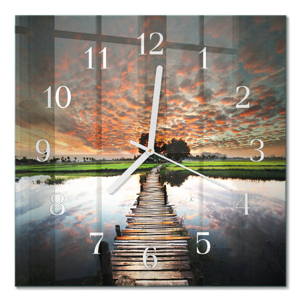 Horloge murale carrée Pont dans la prairie