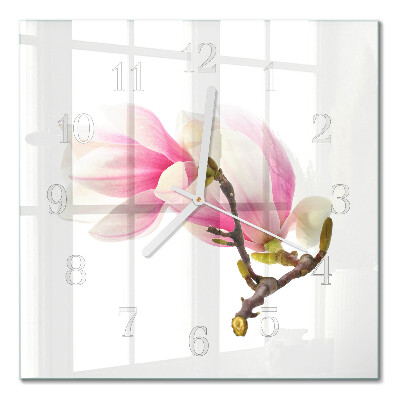 Horloge carrée en verre Fleur de magnolia