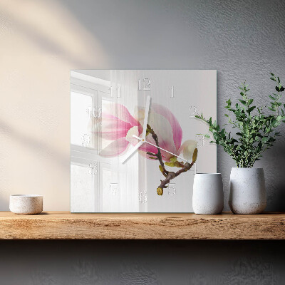 Horloge carrée en verre Fleur de magnolia