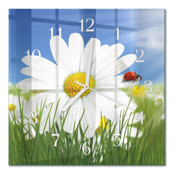 Horloge carrée en verre La fleur et la coccinelle