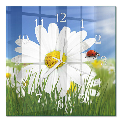 Horloge carrée en verre La fleur et la coccinelle