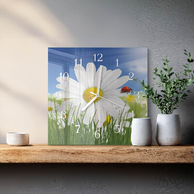 Horloge carrée en verre La fleur et la coccinelle