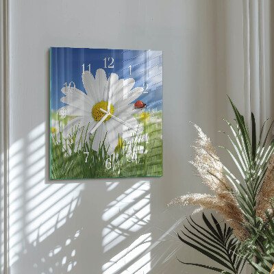 Horloge carrée en verre La fleur et la coccinelle
