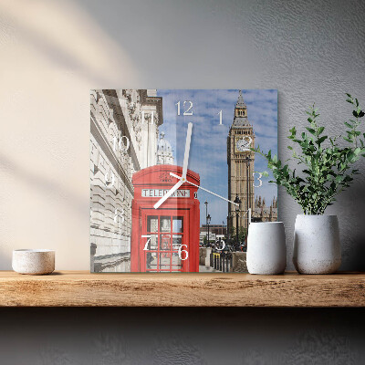 Horloge carrée en verre Cabine téléphonique rouge
