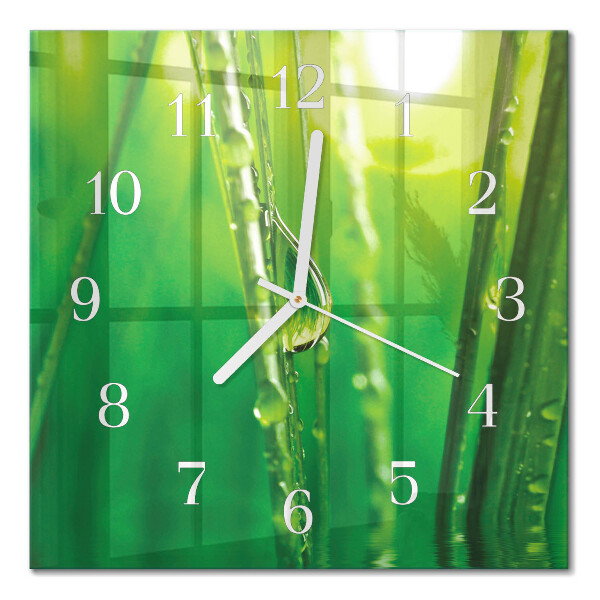 Horloge carrée en verre Des gouttes sur l'herbe