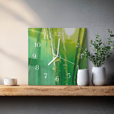 Horloge carrée en verre Des gouttes sur l'herbe